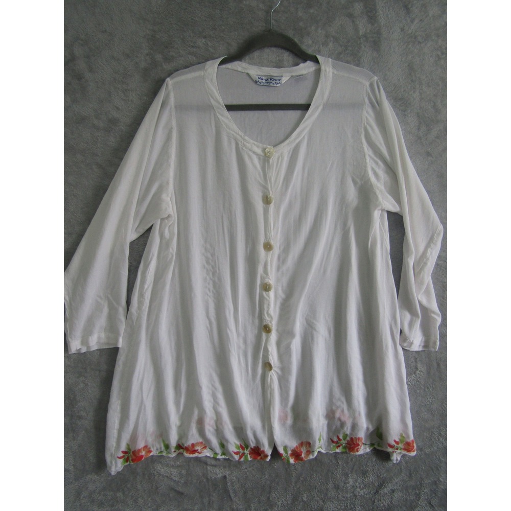 Wind River White Button Front Tunic Top Floral‎ Embroidered Hem Size L